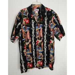Vintage Hawaii Shirt Mens Size XL Black Red Surf Floral Button Up